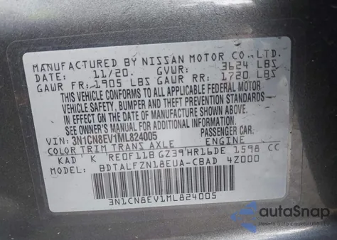 2021 Nissan Versa Sv Xtronic Cvt from USA, damaged, VIN 3N1CN8EV1ML824005